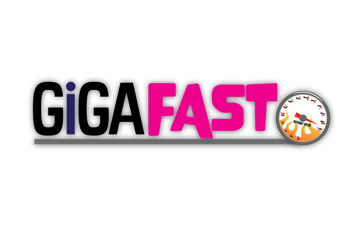 GigaFast logo with internet speedometer stylized with fire
